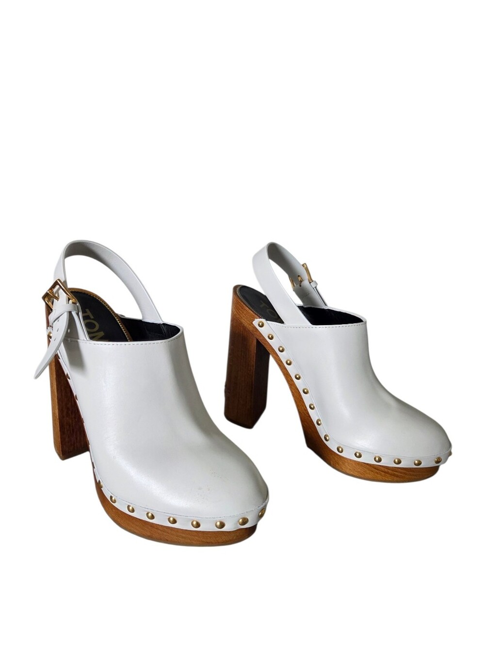 TOM FORD TF Calf Clog | White Leather Studded Platform Heel - Picture 4 of 11